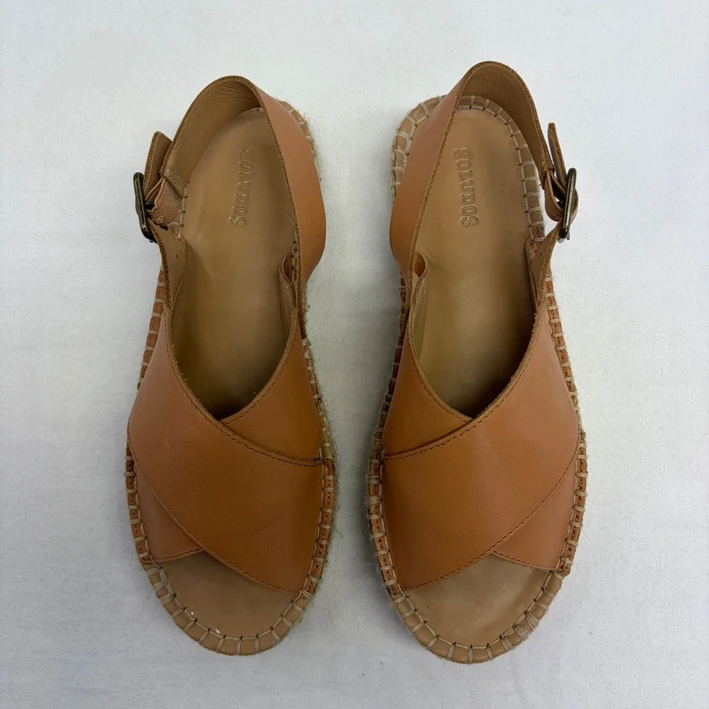 Soludos Leather Cross Strap Espadrille Sandals Women 7 Tan Buckle Boho Summer